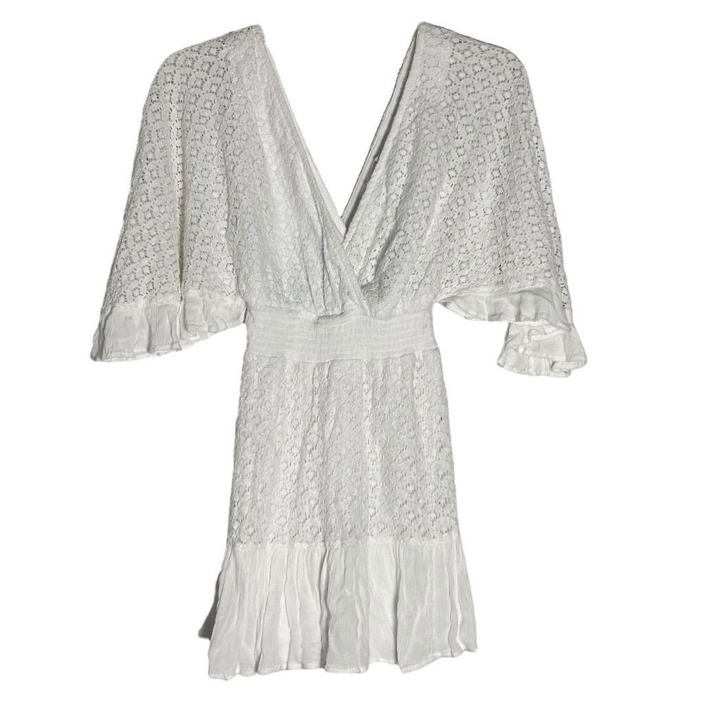 Japna Women's White Cover-Up Lace V-Neck Mini Dress 3/4 Sleeve Size XS